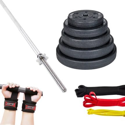 Pack 30KG – Barra 180cm + Discos Cemento Engomado + Power Bandas + Correa - Safe Sport Chile