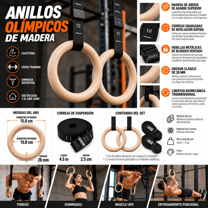 Anillos Olímpicos de Madera con Correas | Aros de Entrenamiento Funcional y Calistenia - Imagen 2