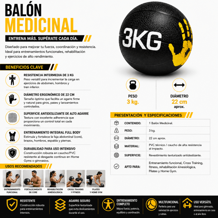 Balón Medicinal Entrenamiento Funcional 3 kg | Balón Fitness Antideslizante para Fuerza y Core - Vista 1 - Safe Sport Chile