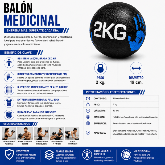 Balón Medicinal Entrenamiento Funcional 2 kg | Balón Fitness Antideslizante para Fuerza y Core - Vista 1 - Safe Sport Chile