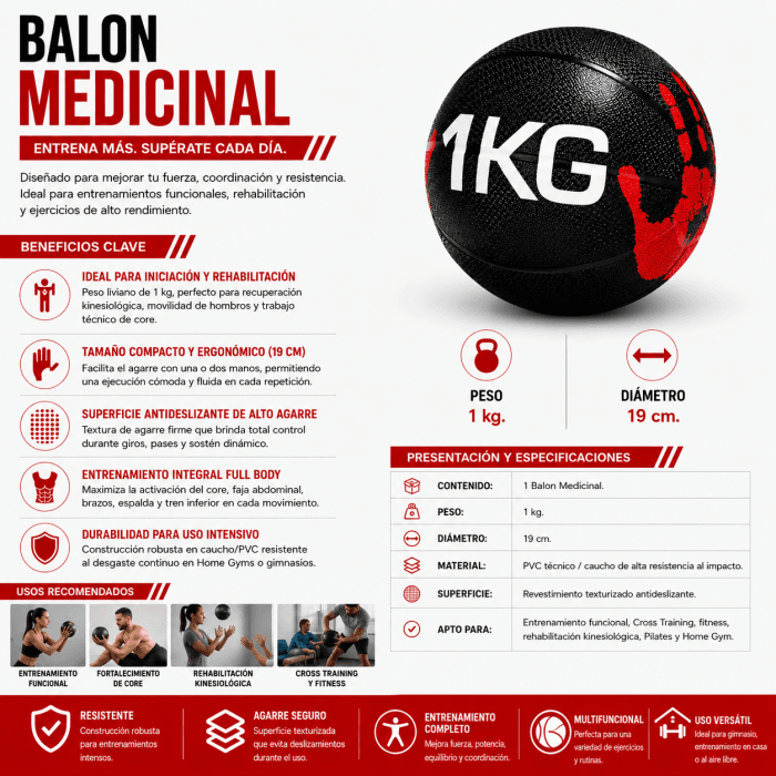 Balón Medicinal Entrenamiento Funcional 1 kg | Balón Fitness Antideslizante para Fuerza y Core - Vista 1 - Safe Sport Chile