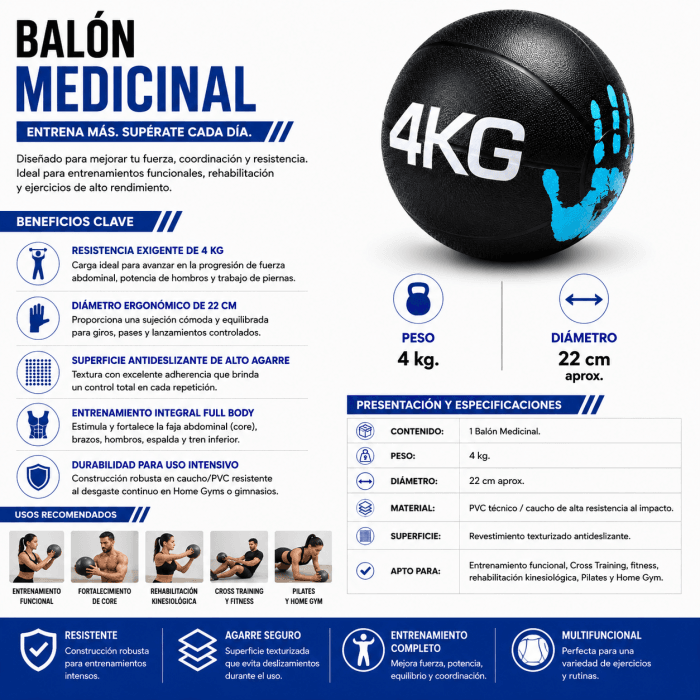 Balón Medicinal Entrenamiento Funcional 4 kg | Balón Fitness Antideslizante para Fuerza y Core - Vista 1 - Safe Sport Chile