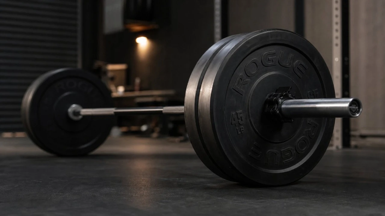 Barra olímpica cargada con discos bumper plates de caucho vulcanizado en suelo técnico de home gym en Chile