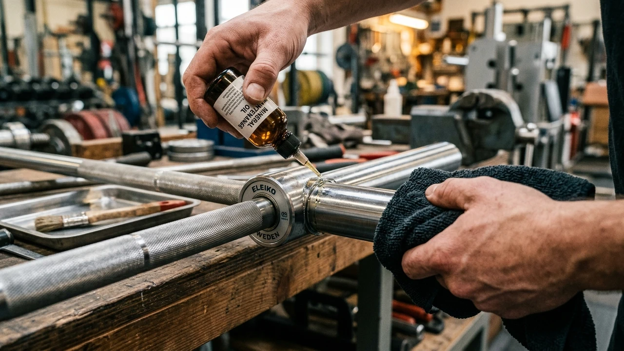 Aplicación de aceite lubricante en la unión de la manga y rodamientos de barra olímpica para giro suave en Chile