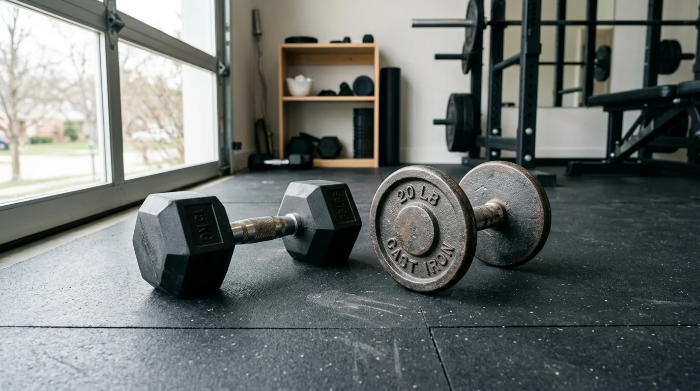 mancuernas hexagonales vs fierro fundido comparativa en home gym chile