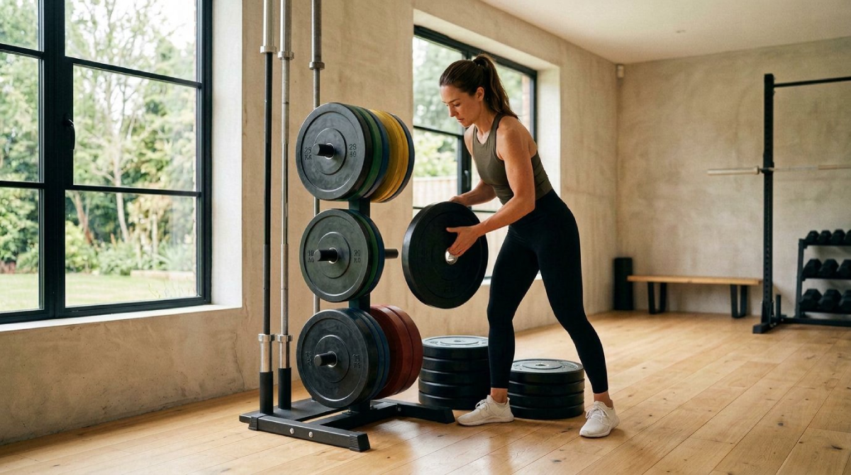 Atleta organizando barras y discos olímpicos en un soporte vertical en un home gym ordenado