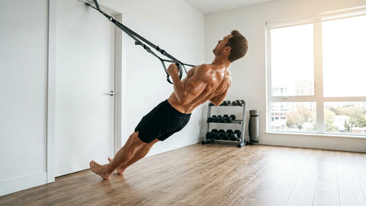 Atleta entrenando con correas de suspension ancladas de forma segura a marco de puerta