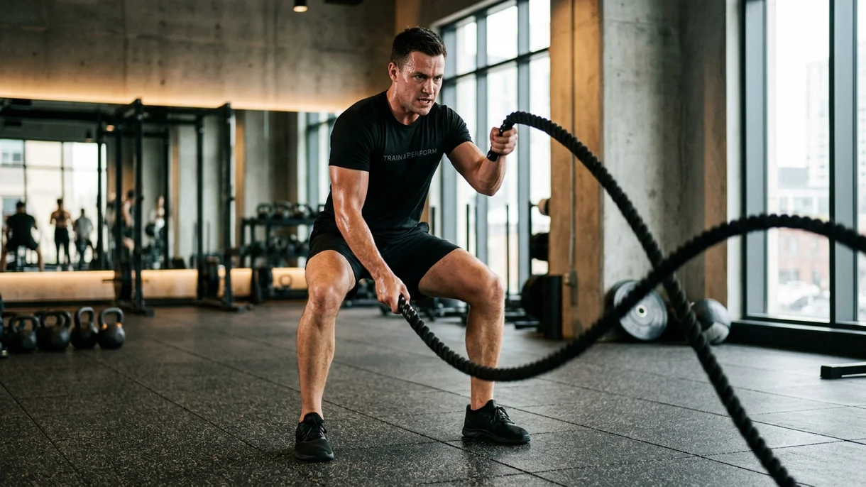 Atleta entrenando con cuerdas de batalla battle ropes en gimnasio - Safe Sport
