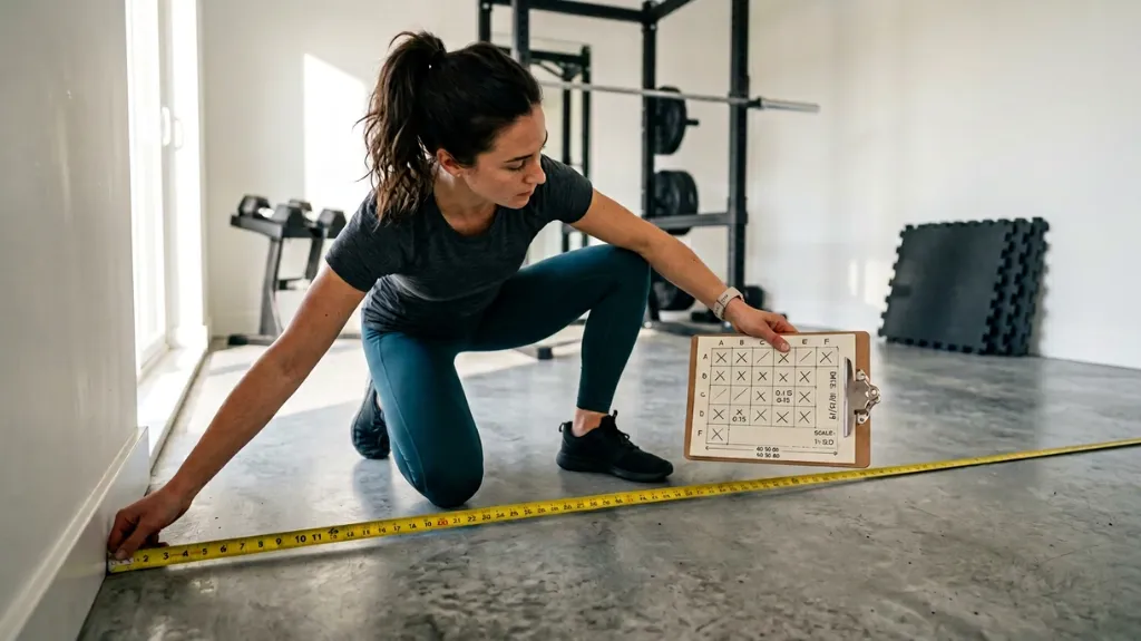 Instalador con cinta metrica para calcular palmetas caucho en sala de entrenamiento - Safe Sport