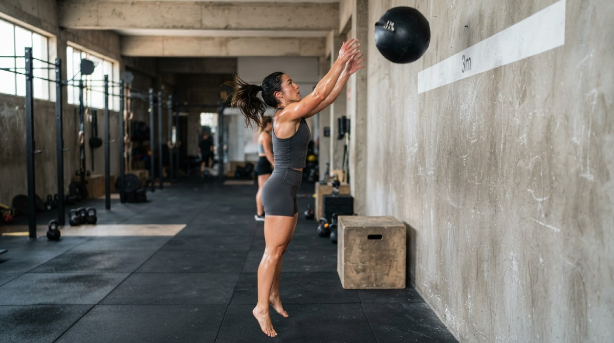 Deportista ejecutando lanzamiento de Wall Ball Shot con balón medicinal en sesión HIIT