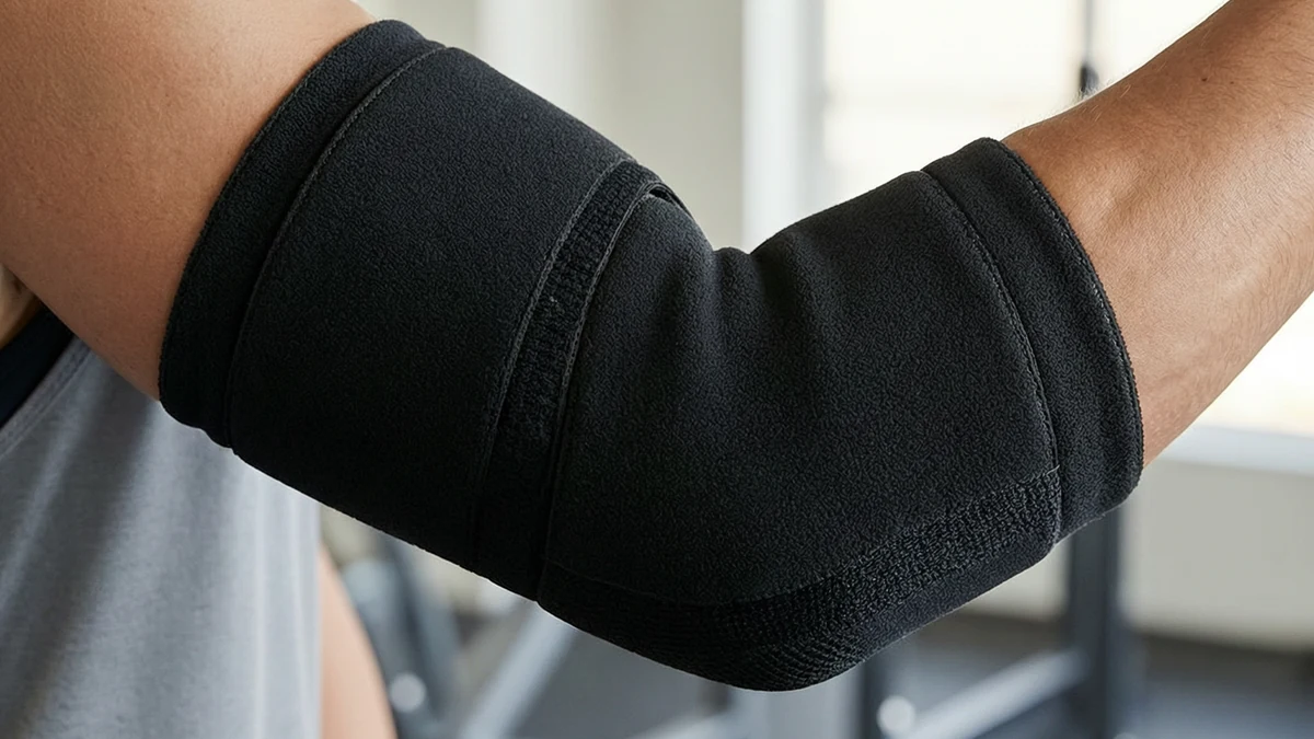 Detalle de codera de compresión de neopreno negro ajustada para soporte articular en Safe Sport