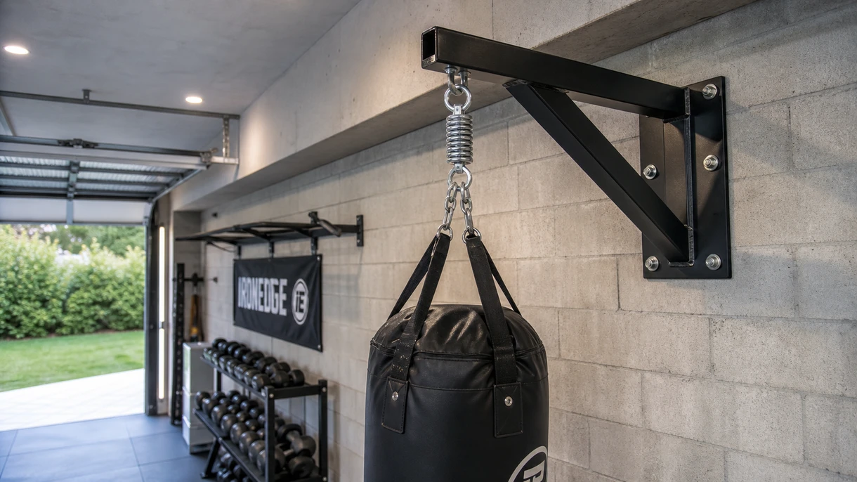 Soporte de acero estructural anclado a muro de hormigón para colgar saco de box