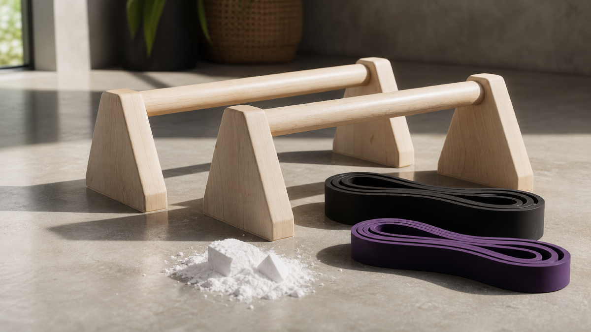 Implementos esenciales de calistenia para casa paralelas de madera y bandas