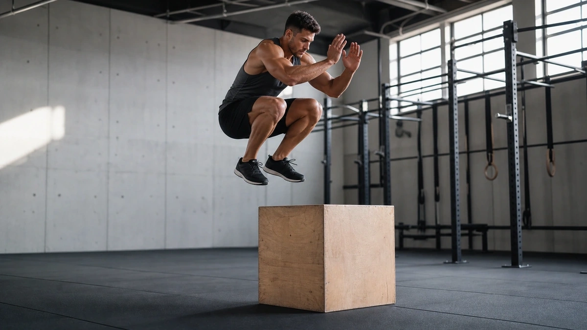 Atleta realizando salto explosivo sobre cajon pliometrico de madera para salto vertical