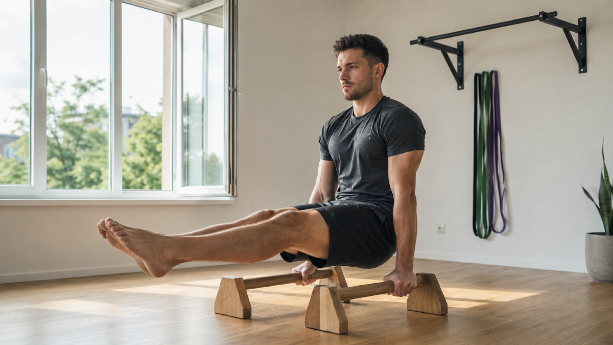 Hombre entrenando en casa con barra de dominadas y paralelas de madera calistenia