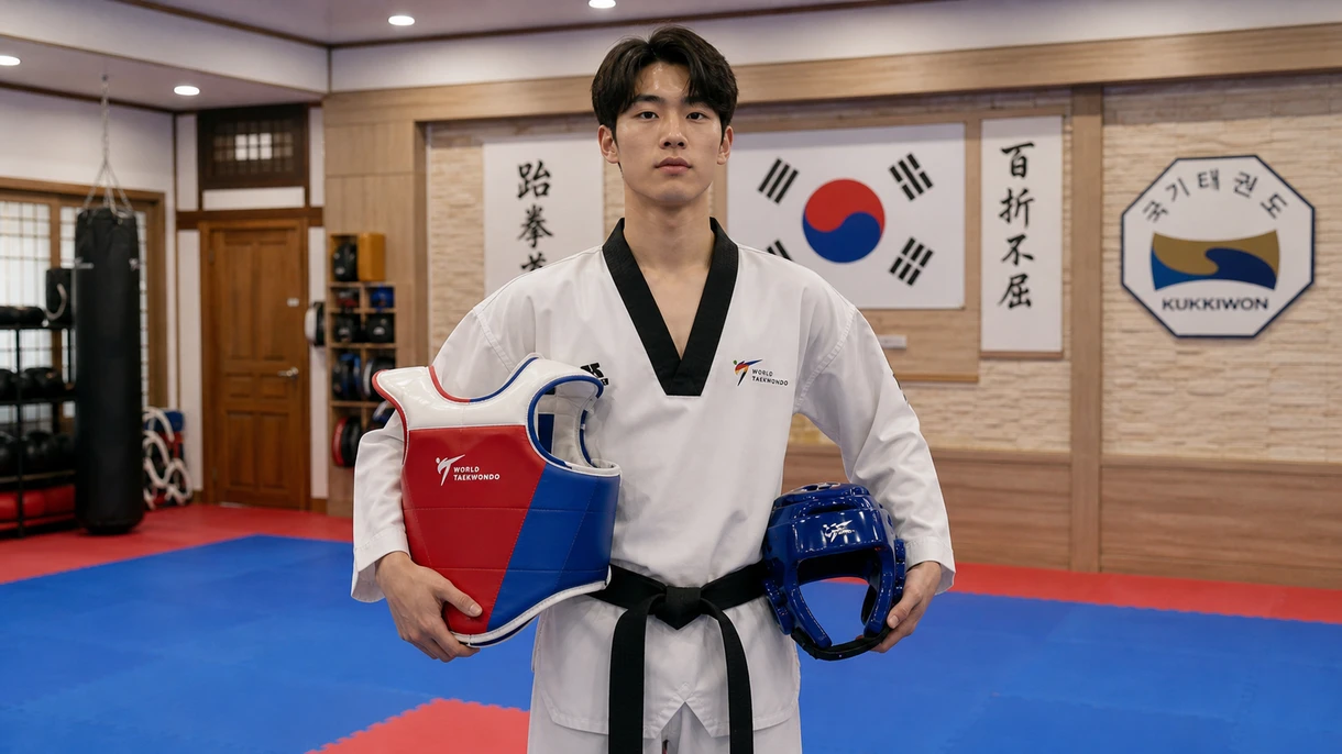 Practicante de artes marciales con dobok y peto oficial de equipamiento de taekwondo