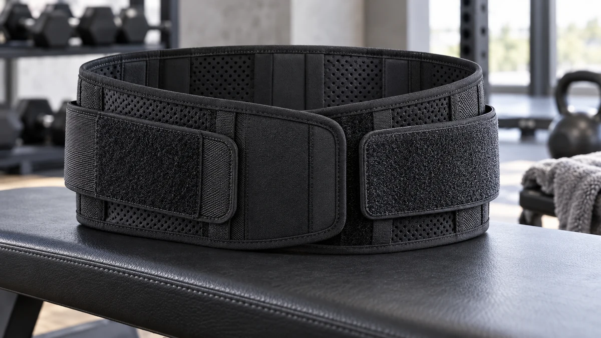 Detalle de faja lumbar de neopreno transpirable con correas de velcro industrial