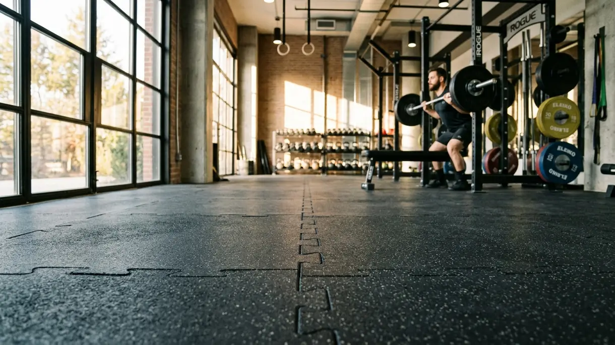 Gimnasio con piso de palmetas de caucho vulcanizado de alto impacto y rack de sentadillas - Safe Sport