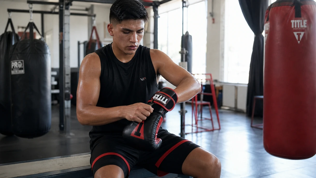 Atleta ajustando guantes de boxeo de 14 oz con acolchado multicapa para entrenamiento