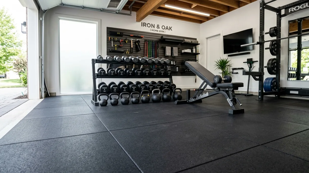 Piso de gimnasio armado con palmetas de caucho de 100x100 cm en patrón trabado - Safe Sport