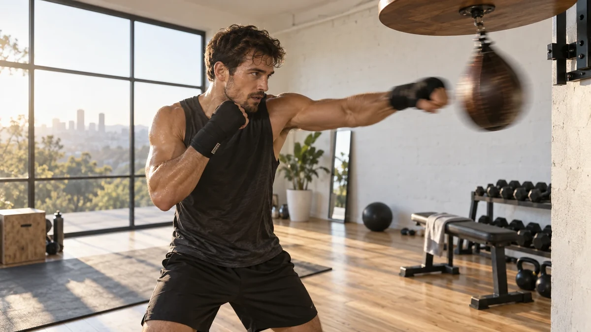 Boxeador entrenando con pera de velocidad en un gimnasio luminoso para mejorar reflejos y coordinación