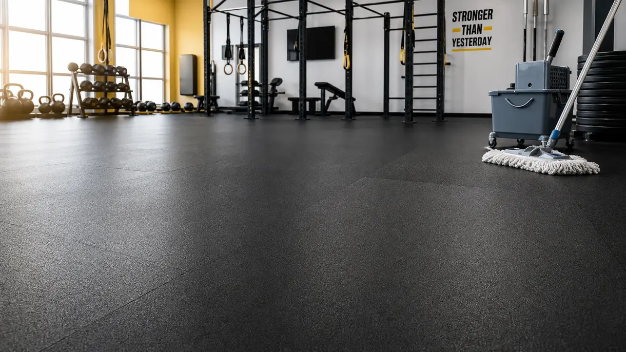 Limpieza y mantenimiento de pisos deportivos en sala de musculación comercial