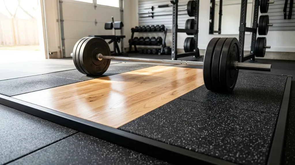 Plataforma levantamiento olimpica casera con madera y caucho en gimnasio de garaje - Safe Sport