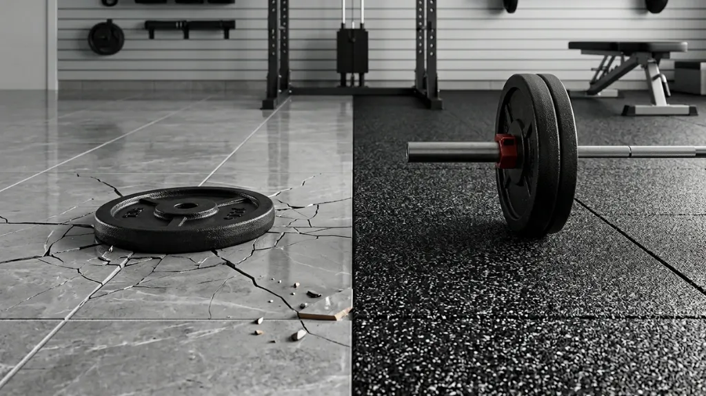 Comparativa para proteger piso ceramica frente a caida de pesas con palmeta de caucho - Safe Sport