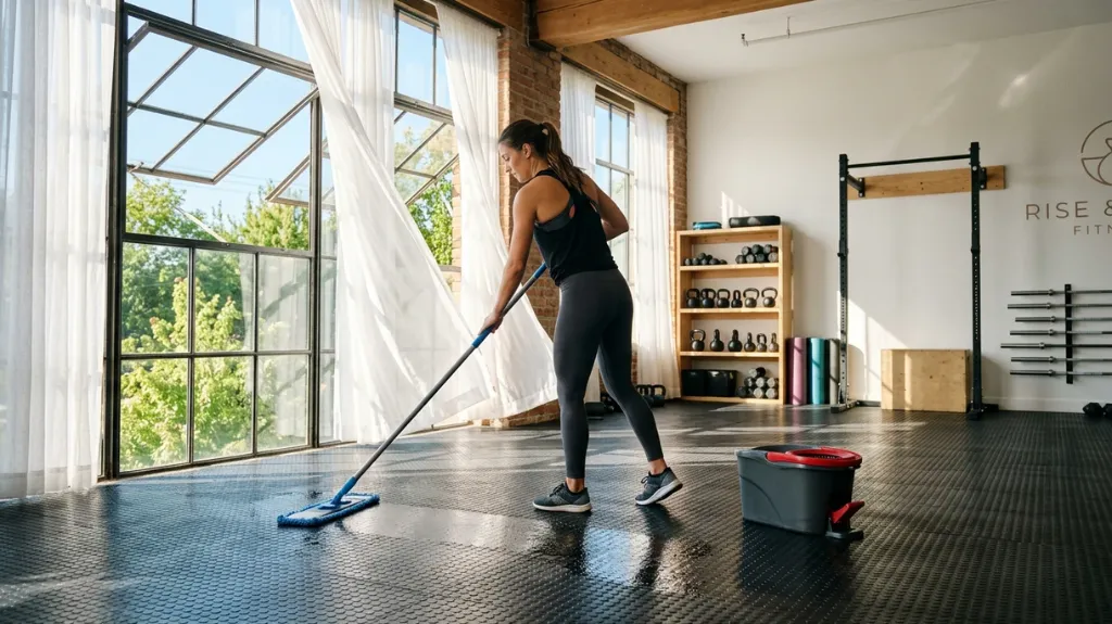 Ventilación natural y limpieza para quitar olor a caucho en piso de gimnasio nuevo - Safe Sport
