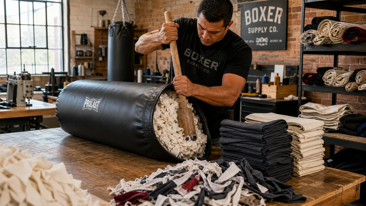 Proceso artesanal para rellenar saco de boxeo con retazos textiles prensados