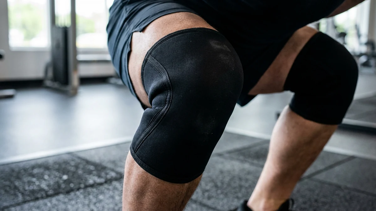 Detalle de rodilleras de neopreno negro de alta densidad sobre las piernas del atleta