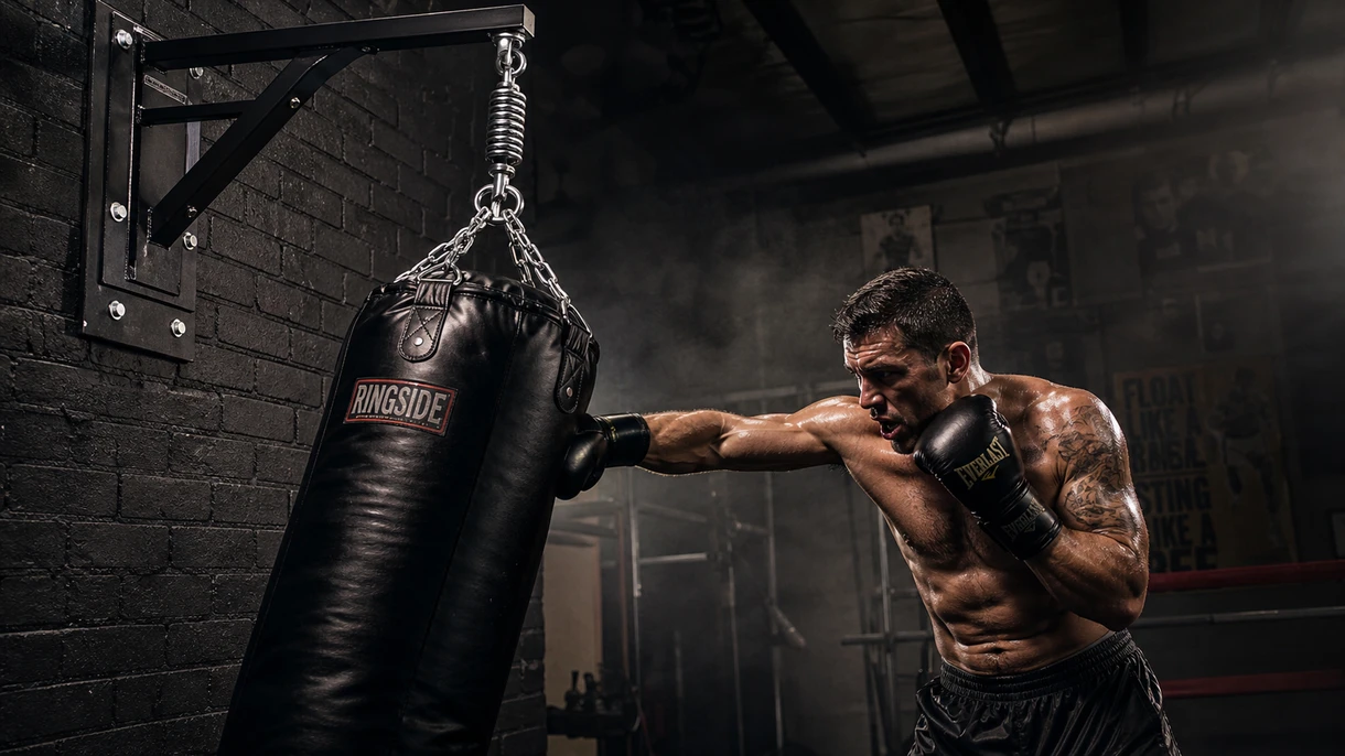 Saco de boxeo profesional de lona reforzada colgado en viga de entrenamiento