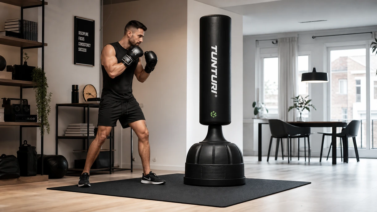 Saco de boxeo de pie con base lastrada para entrenamiento en departamento