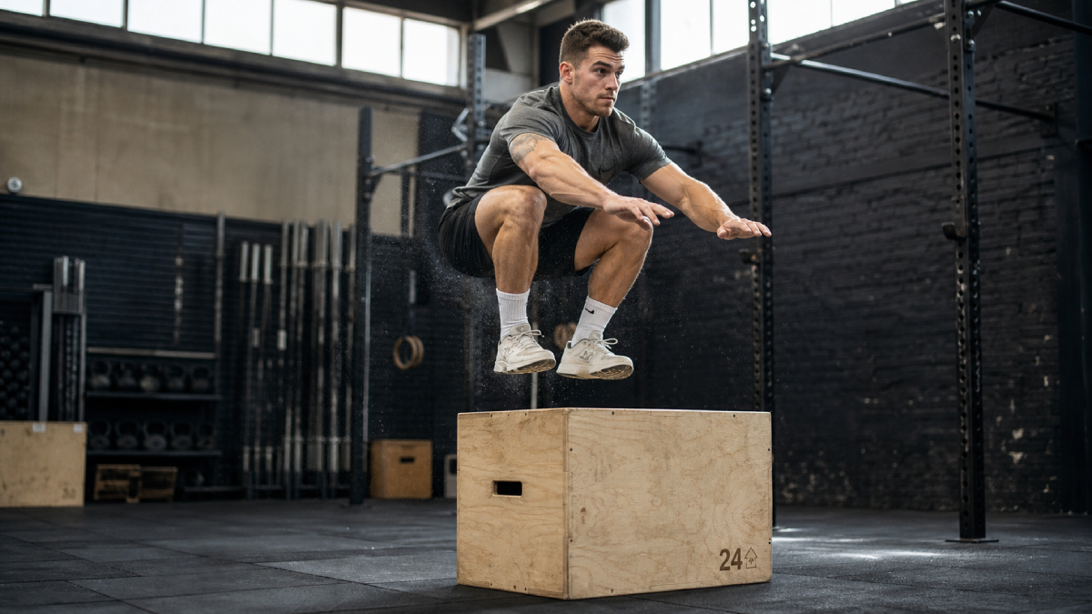 Atleta ejecutando salto explosivo sobre cajón pliométrico con aterrizaje en semiflexión atlética en box de Crossfit