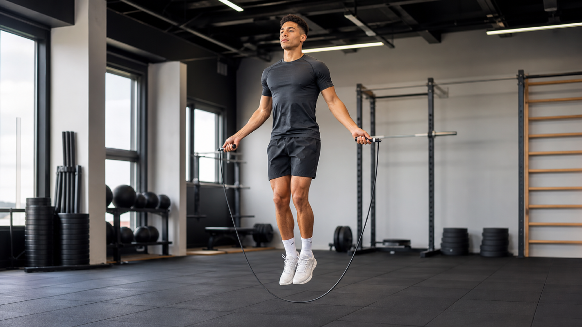 Atleta ejecutando tecnica de salto con cuerda de PVC para principiantes