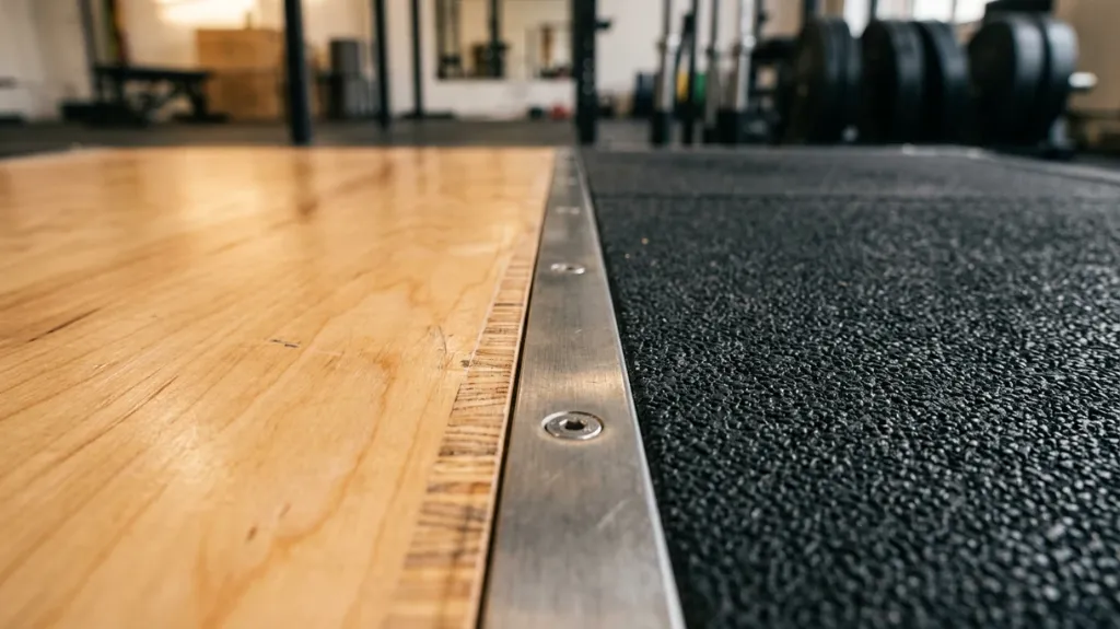 Detalle de union a nivel entre madera y caucho en plataforma levantamiento - Safe Sport